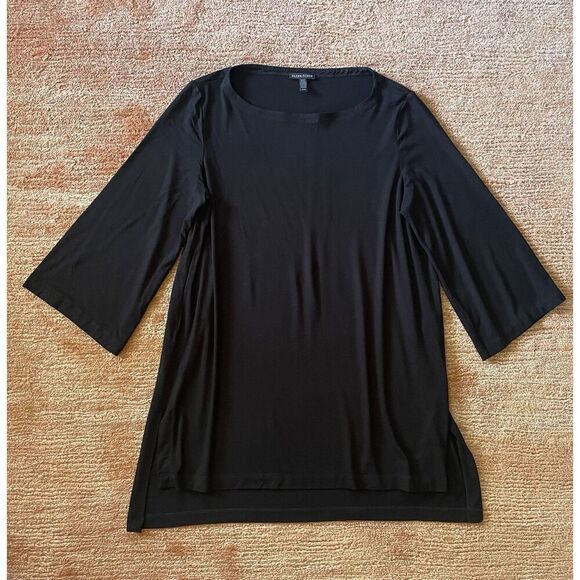 Eileen Fisher Black Tunic Top M USA Made Viscose Stretch 3/4 Sleeve - Picture 1 of 6